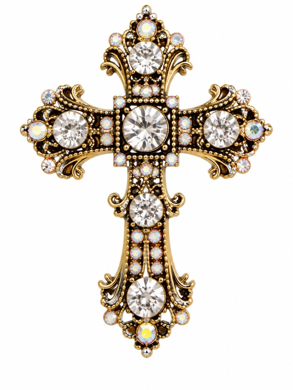 Gold Decorative Jeweled Cross Broach Crystal Embellished New 🆕